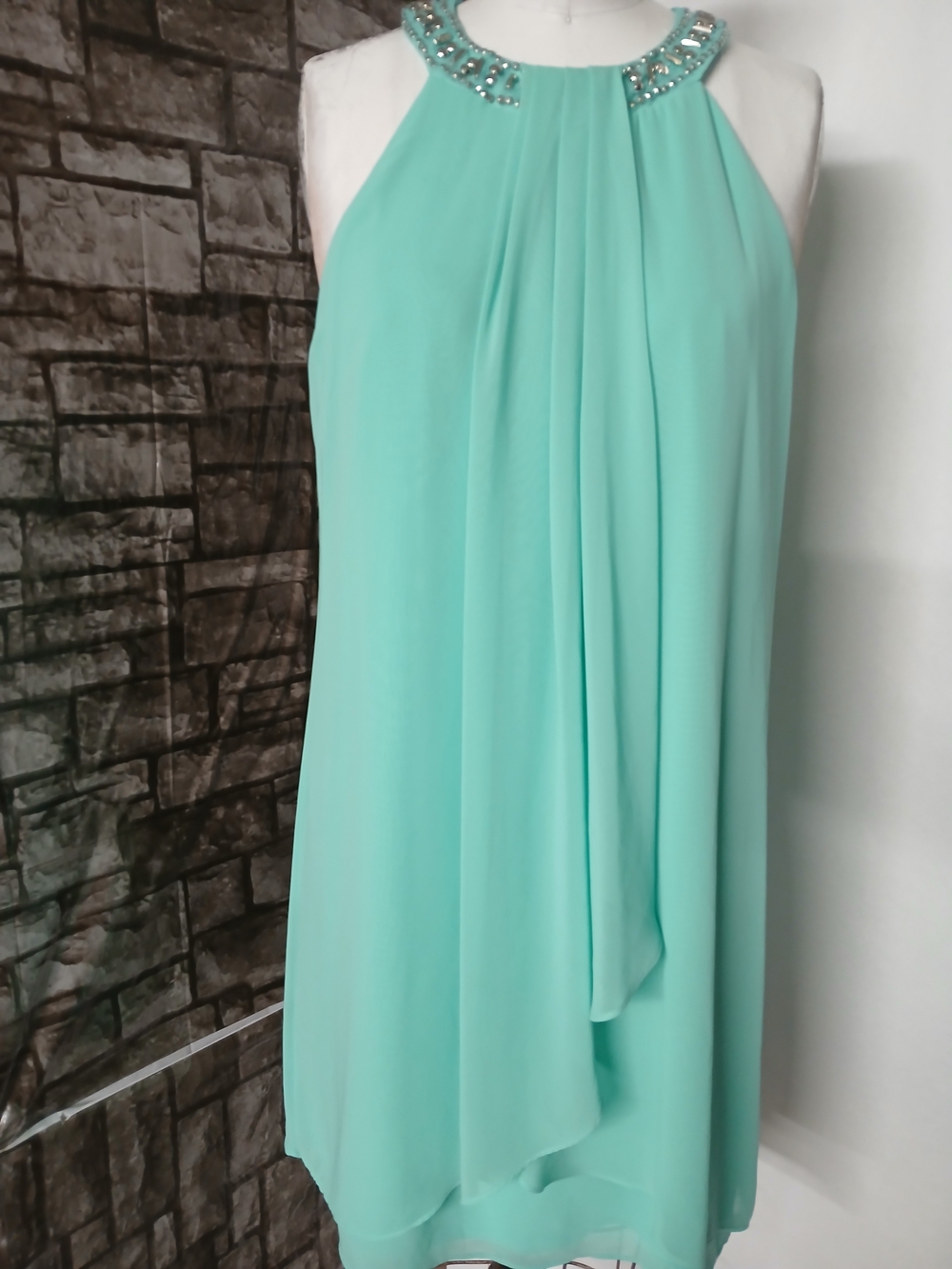 Beaded Halter Midi in Aqua Green Women's Evening Dress. - Picture 9 of 12